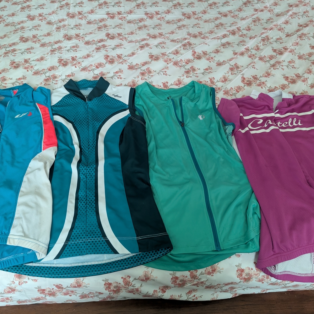 Cycling Jerseys Set in Blue, Green, and Purple